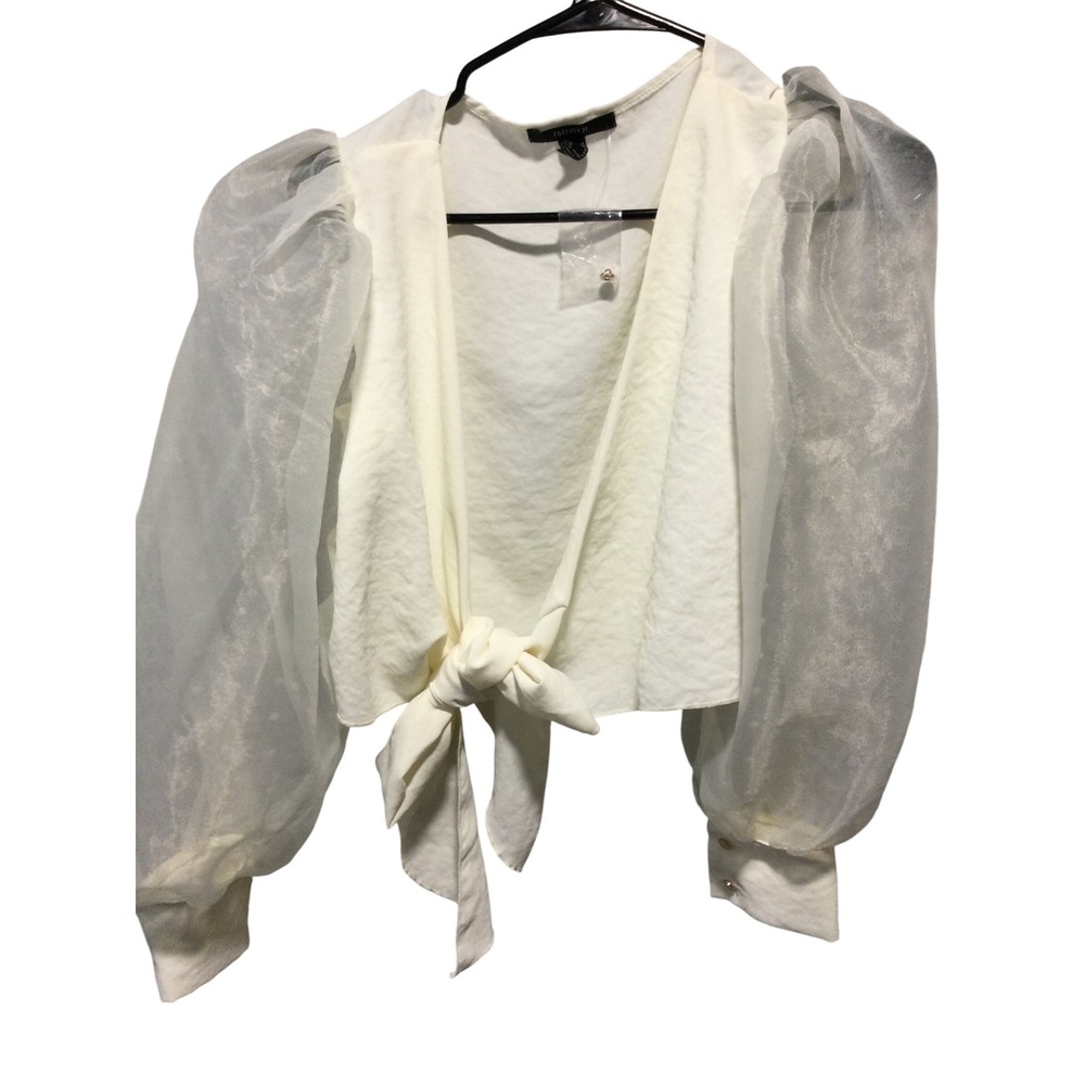 Forever 21 Ivory Tie Front Top Sheer Puff Sleeves Blouse Party Crop size M - Picture 2 of 8